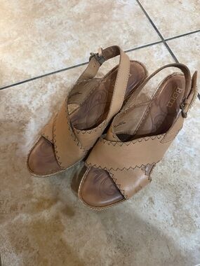 Born Tan Leather Slingback Wedge Sandals - Stitch-Trim Peep Toe